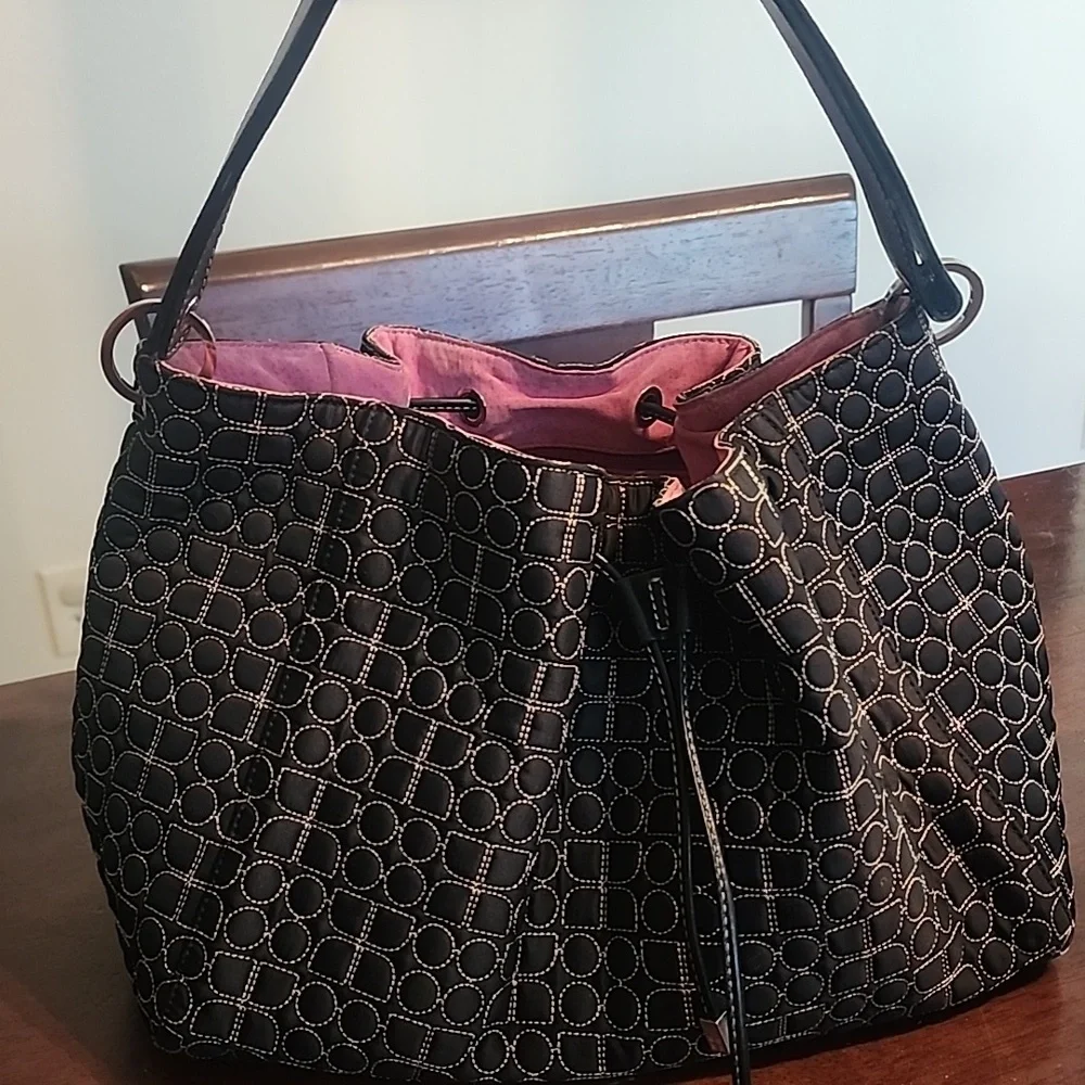 Kate Spade Vintage Quilted Nylon Bucket Hobo Bag Black Drawstring Pink Lining